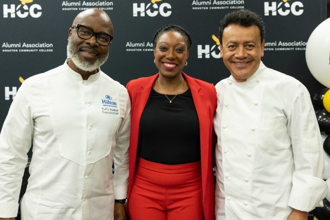 HCC alums Ruffy Sulaiman, Brittaney Wilmore and Hugo Ortega pose for a photo.